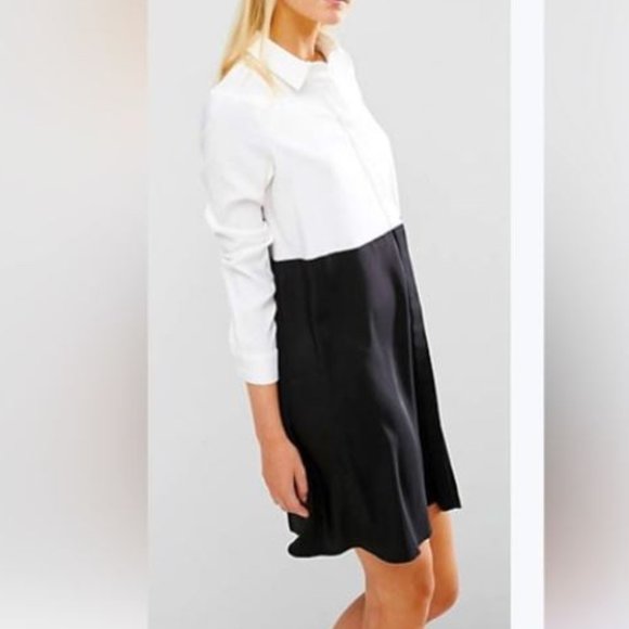 Theory Black and White Color Block Long Sleeve Shirt Dress - Picture 1 of 6